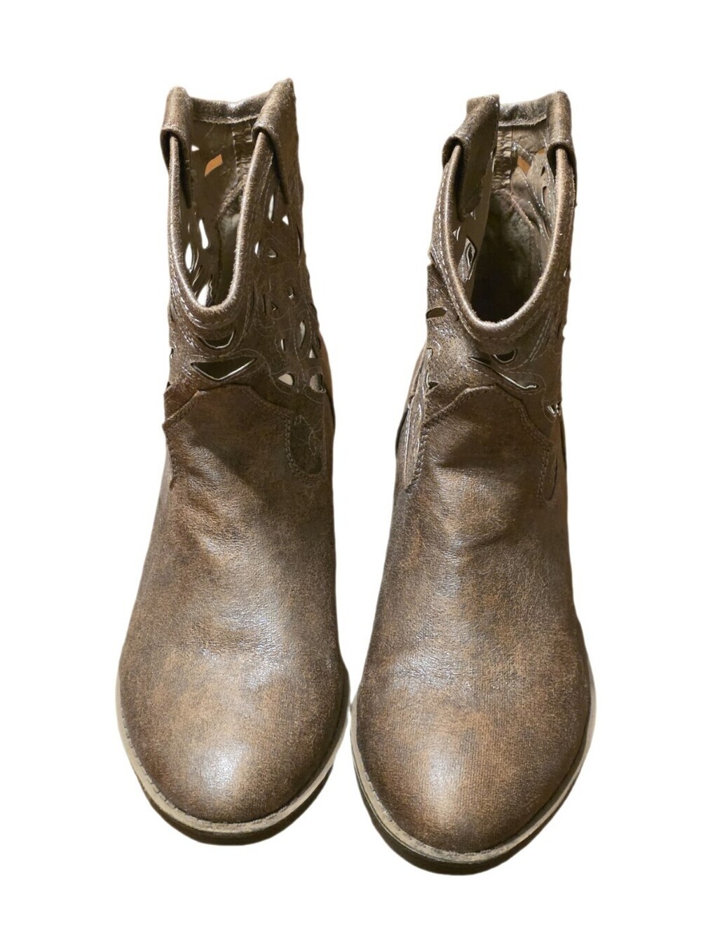SO Laser Cutout Western Cowboy Ankle Boots Distressed Taupe Brown Booties 8 - Picture 8 of 11